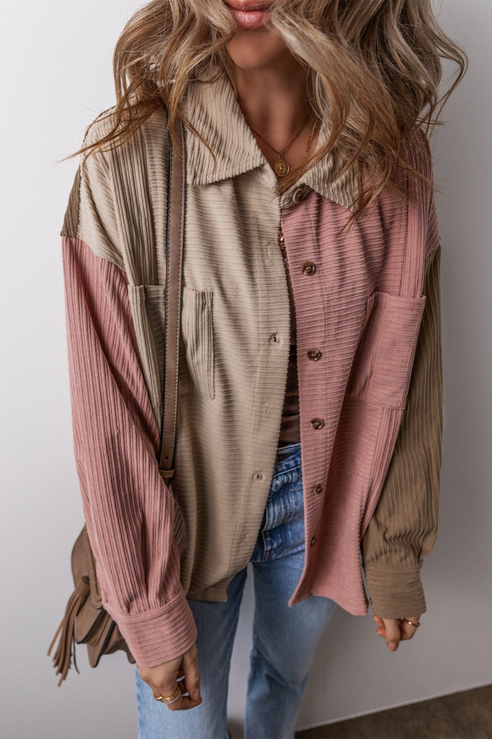 Button Up Color Block Long Sleeve Shacket