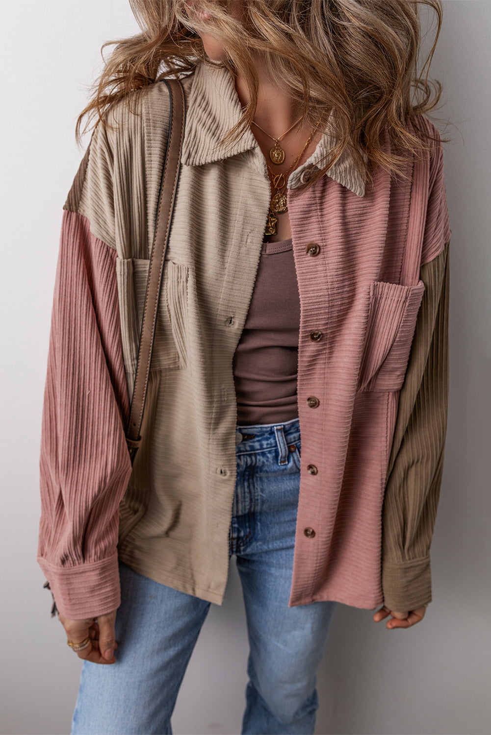 Button Up Color Block Long Sleeve Shacket