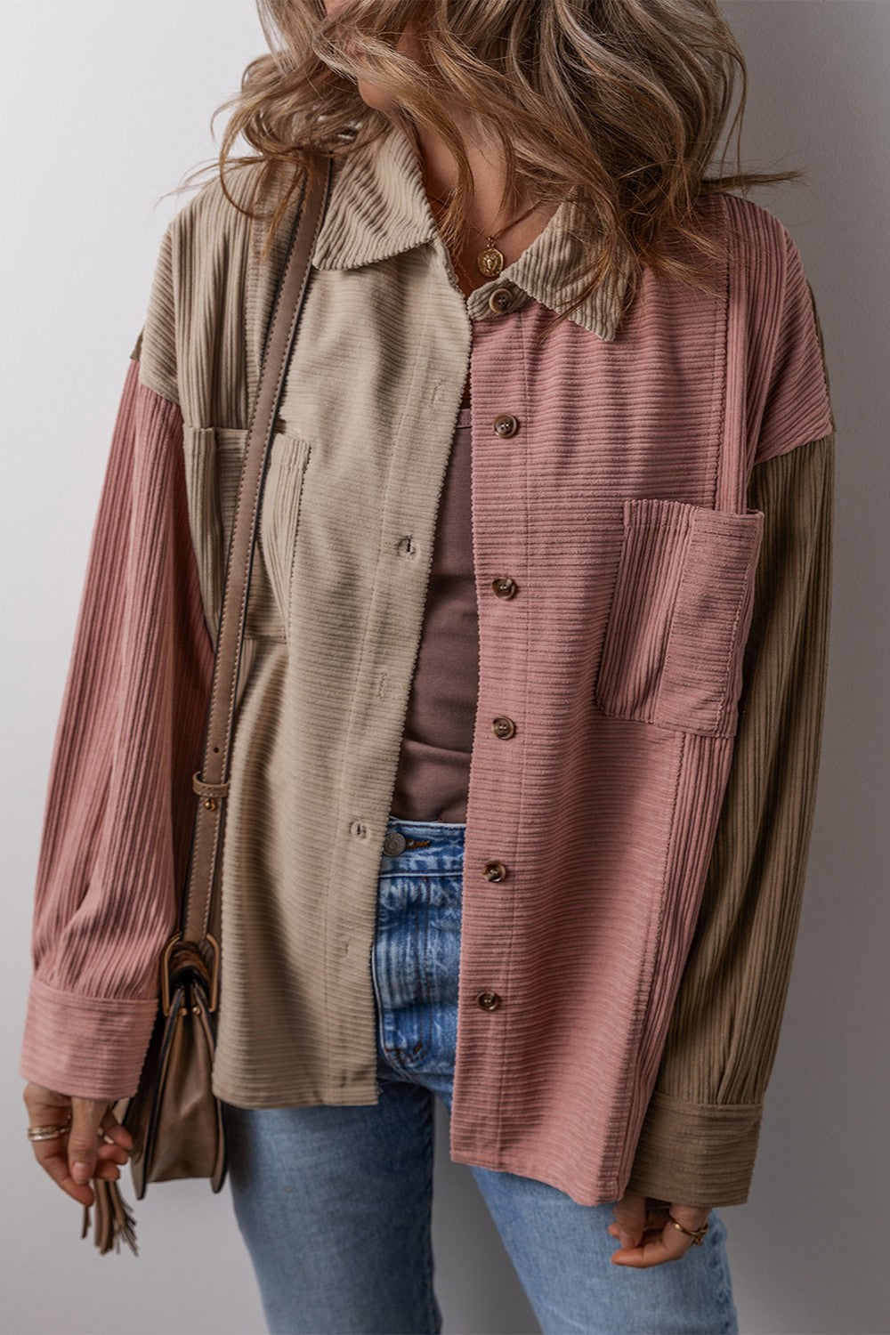Button Up Color Block Long Sleeve Shacket