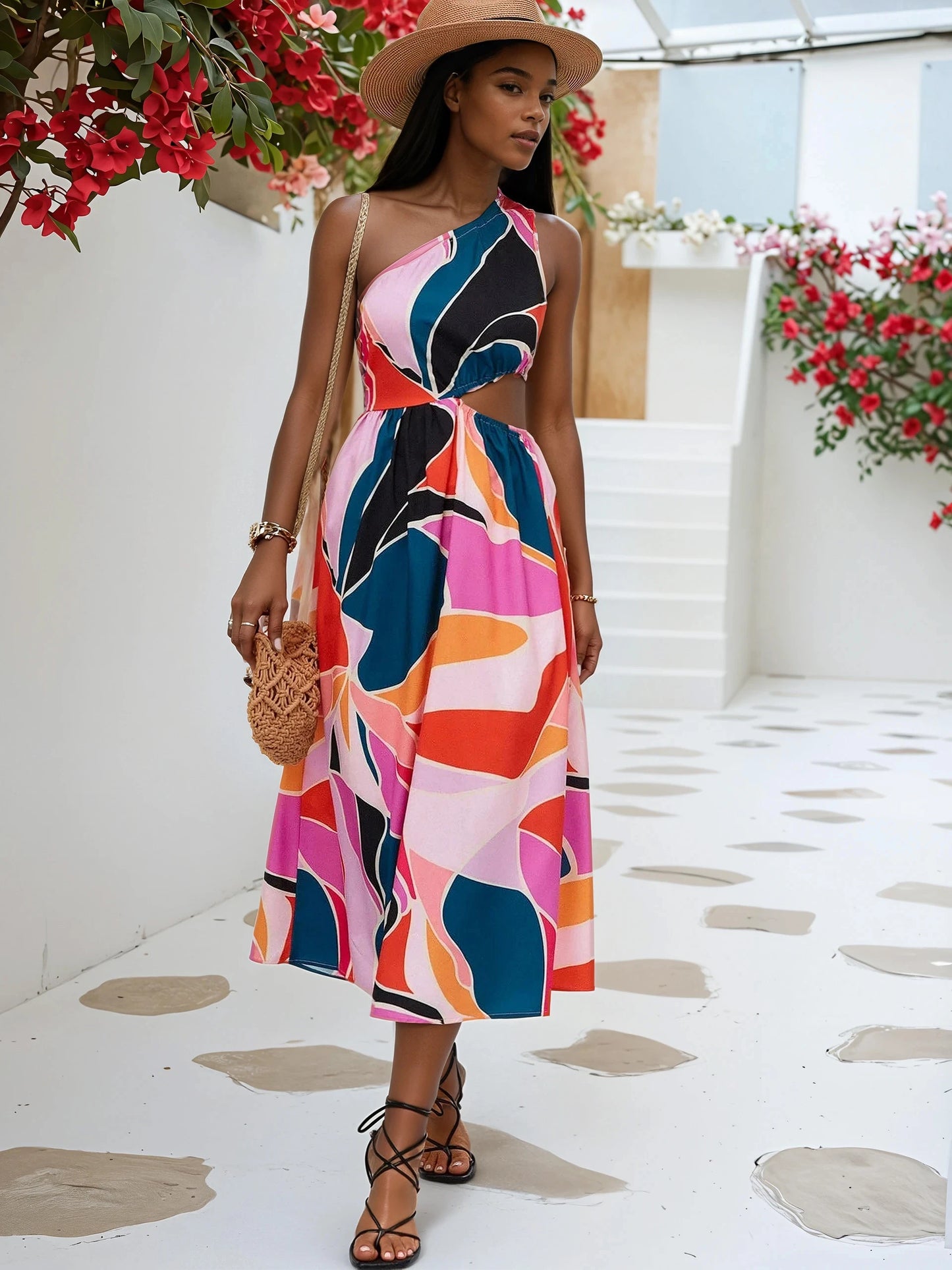 Printed Cutout One-Shoulder Sleeveless Dress