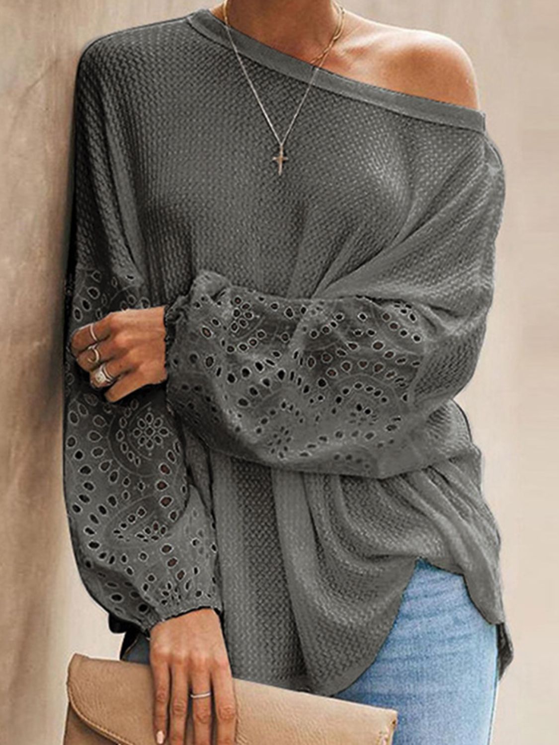 Openwork Dropped Shoulder Boat Neck Blouse